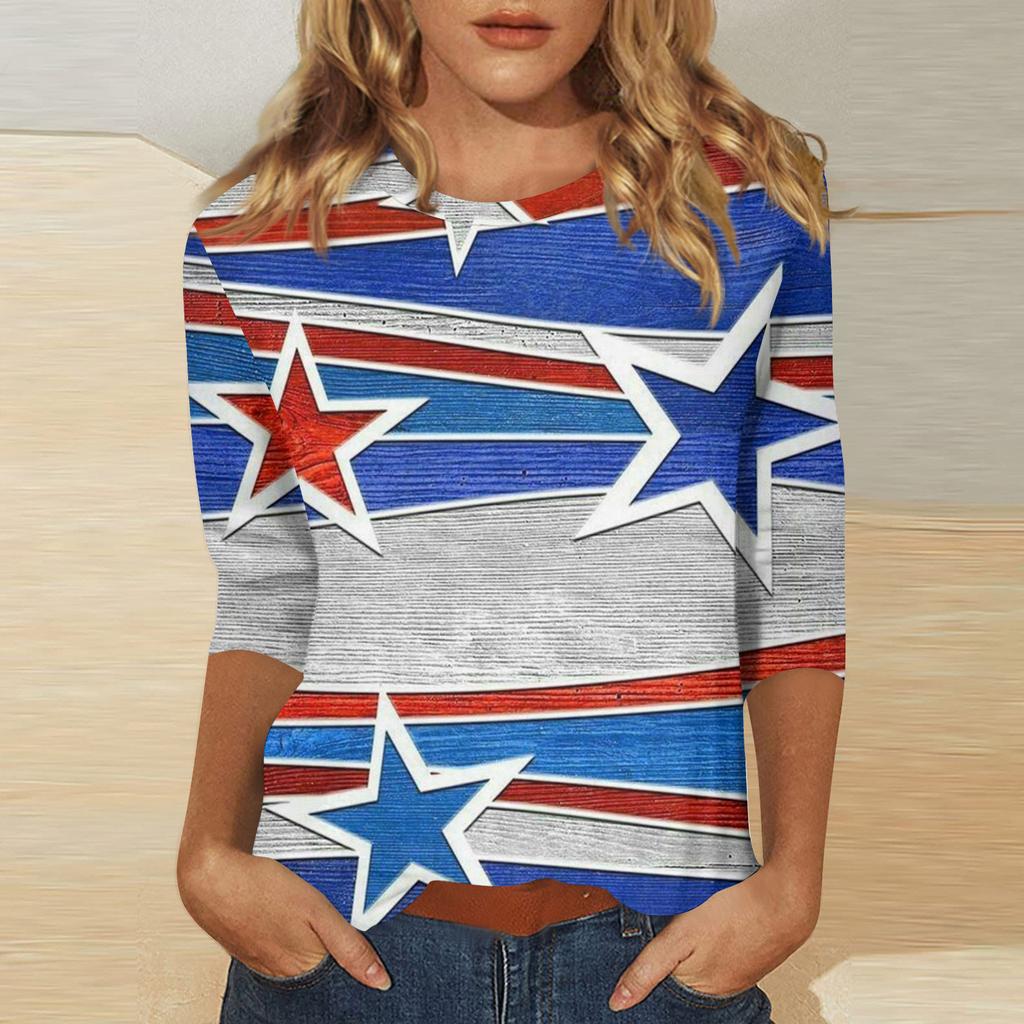 Women’s Patchwork Star Print Casual Round Neck Half Sleeve Loose Fit Pullover Top for Everyday Wear
