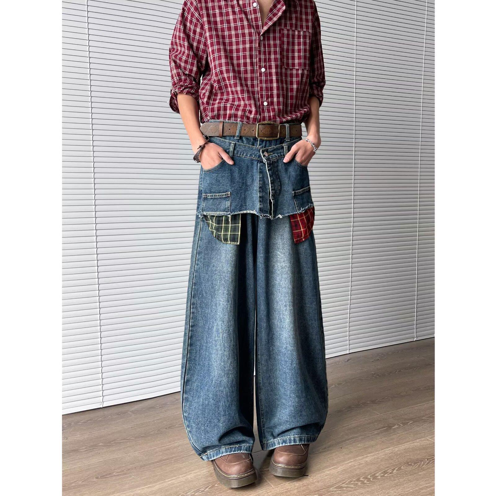 JYL Мужские Джинсы Винтажные Необработанный Край Пэчворк Нишевые Уличные Свободные Широкие Штанины Деним M бездна