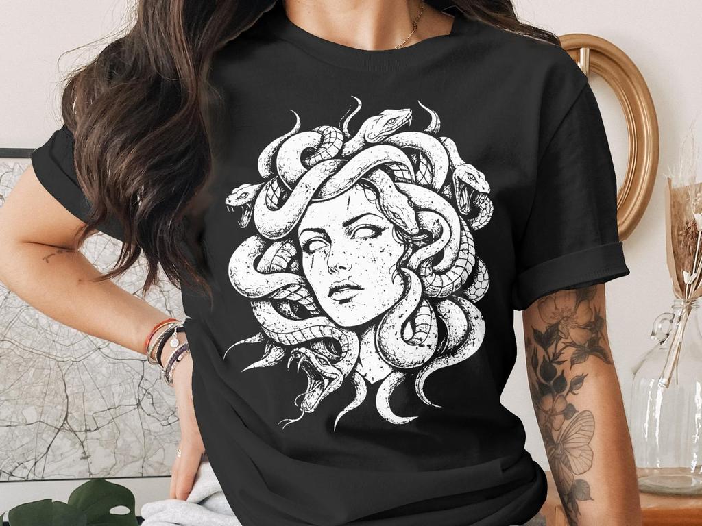 Medusa Head Grunge T-Shirt, Greek Mythology Serpent Goddess Tee, Dark Academia Goth Alt Style Top, Powerful Feminist Gift