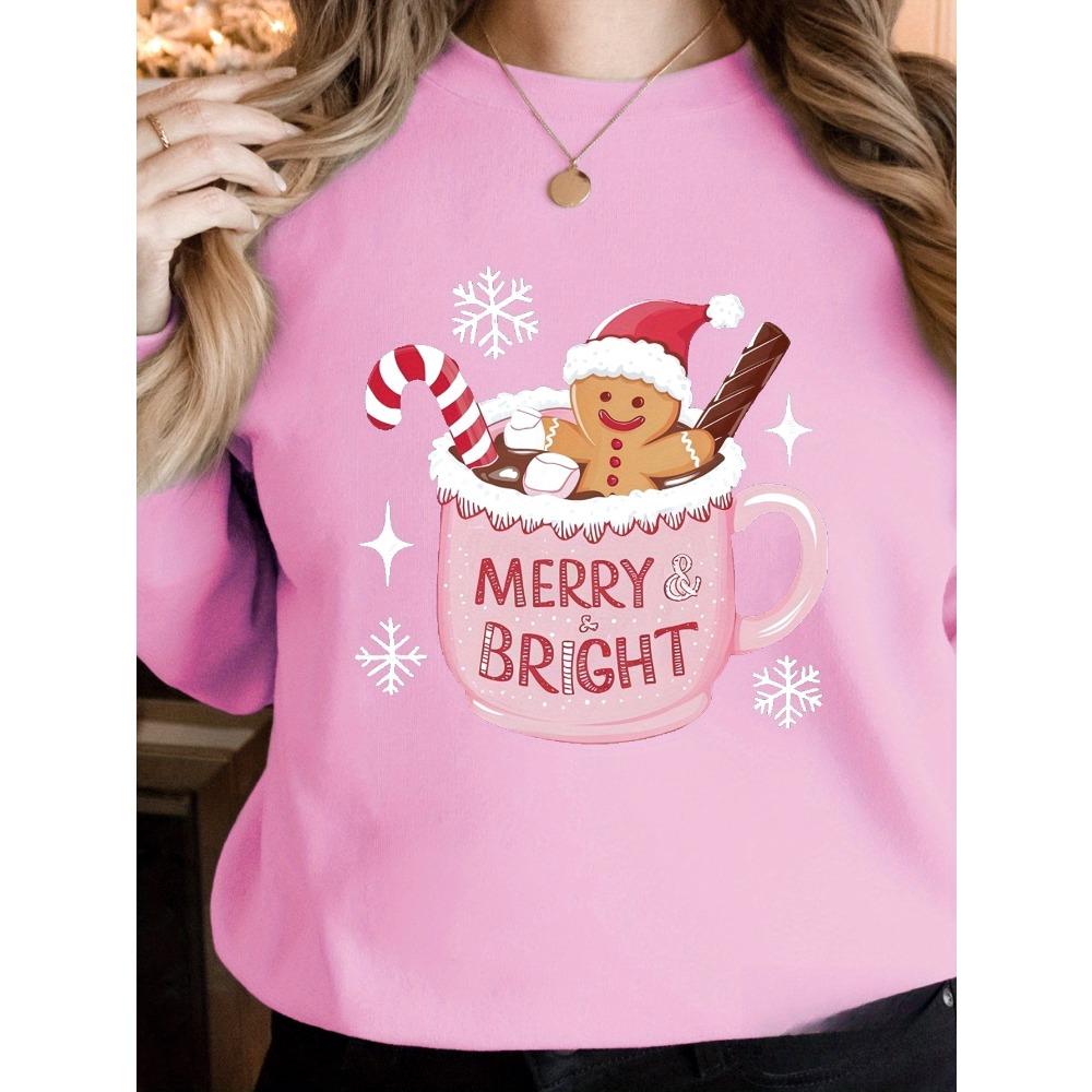 MERRY BRIGHT Weihnachtlicher Lebkuchen-Print Hoodie Herbst und Winter Damen Rundhals Oberteil Langarm Pullover Freizeitkleidung