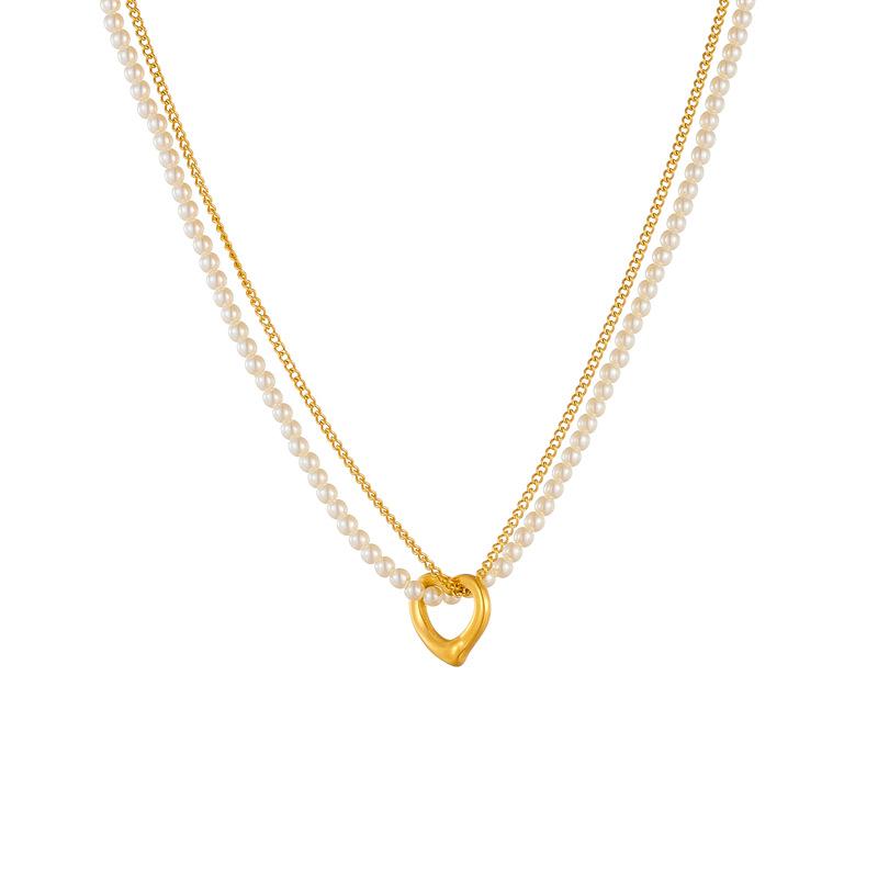Gold Plated Heart Pendant Pearl Layered Necklace, Stainless Steel Double Chain Choker, Elegant Jewelry for Women Gift