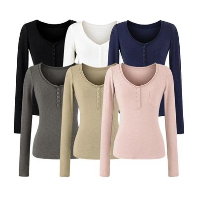 Women's Slim-Fit Long-Sleeve Henley V-Neck Top with Pocket, Stretchy Fine Cotton, Spring/Autumn Style