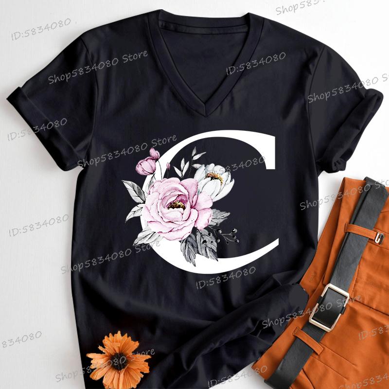 Letter B Floral T Shirts Women English Alphabet Birthday Gift Women 26 Initials Flower Classic Tops Tees Alphabet Floral Tshirt