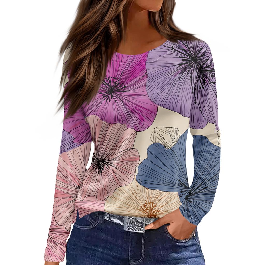 Women's Fashion Hem Slit Casual Retro Floral Print Round Neck Long Sleeve Top