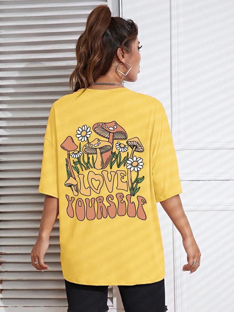 Love Yourself Grow Wantonly Cotton Prints Woman T-Shirt Essential Daily T-Shirt Personality Funny Short Sleeve Oversized Tshirts