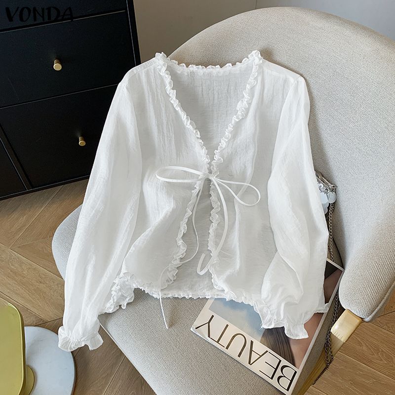 VONDA Women Casual V Neck Loose Long Sleeve Thin Cardigan Blouse