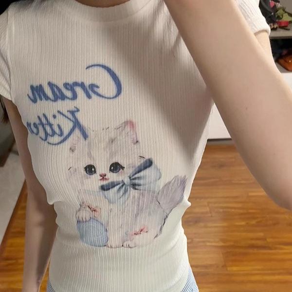 Summer Cotton Women's T Shirt Cute Cartoon Print Casual Slim Fit Round Neck Short Sleeve T-Shirts Harajuku White Y2k Top