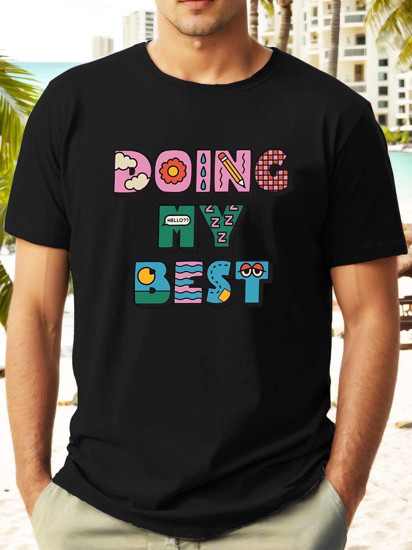 

DOING MU BEST Graphic T-shirt - Playful Cartoon Lettering with Donut & Eye Design M