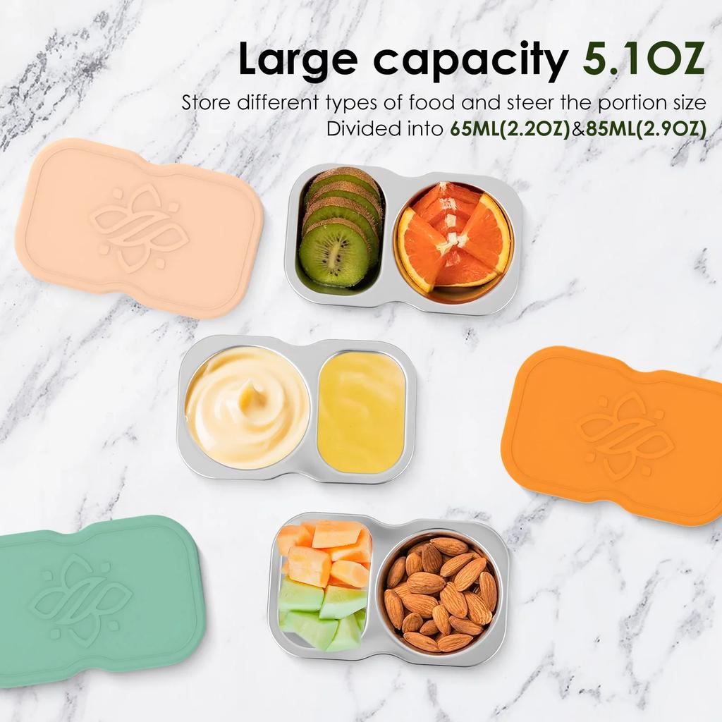 3Pcs 150ml Double Compartment Seasoning Container Stainless Steel Snack Container with Lids Portable Dip Container for Travel