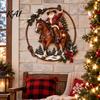 Holiday Home Interior Ornaments Cowboy Santa Riding Horse Metal Wall Art, Western Christmas Round Sign with Sturdy Ranch Accents Rope Border,