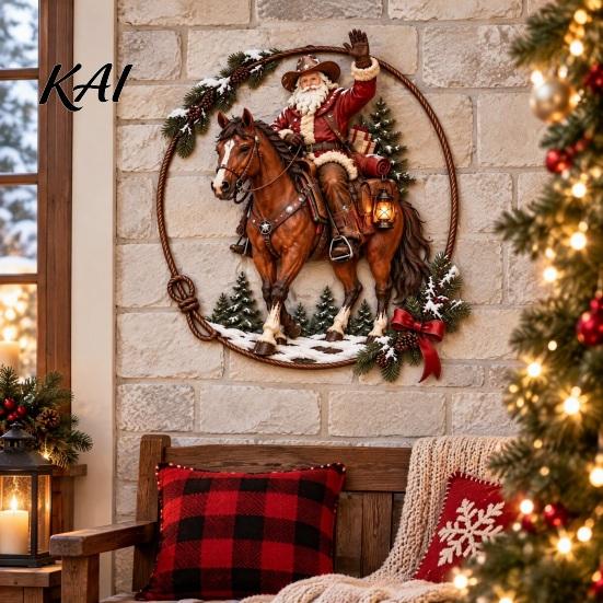 Holiday Home Interior Ornaments Cowboy Santa Riding Horse Metal Wall Art, Western Christmas Round Sign with Sturdy Ranch Accents Rope Border,