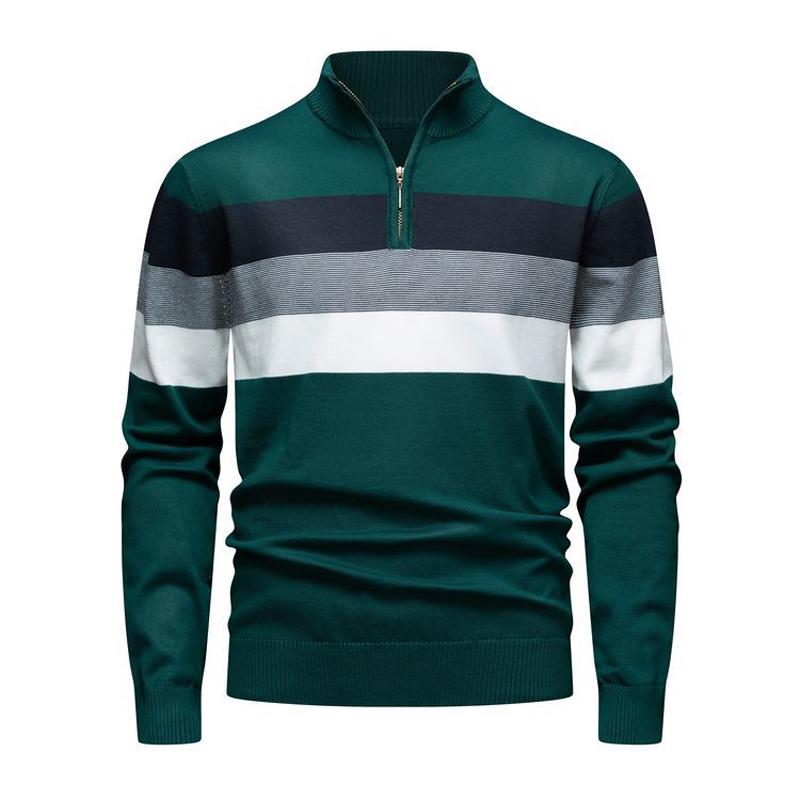 Autumn Winter Knitted Sweater Men Half Zipper Striped Pullovers Stand Collar Knit Casual Sweater Man