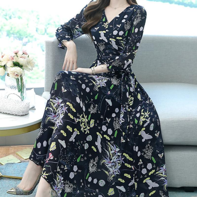 Elegant Floral Print Chiffon Dress Women's Spring Summer French Style V-neck Knee-length Fashionable Empire Waist Dresses