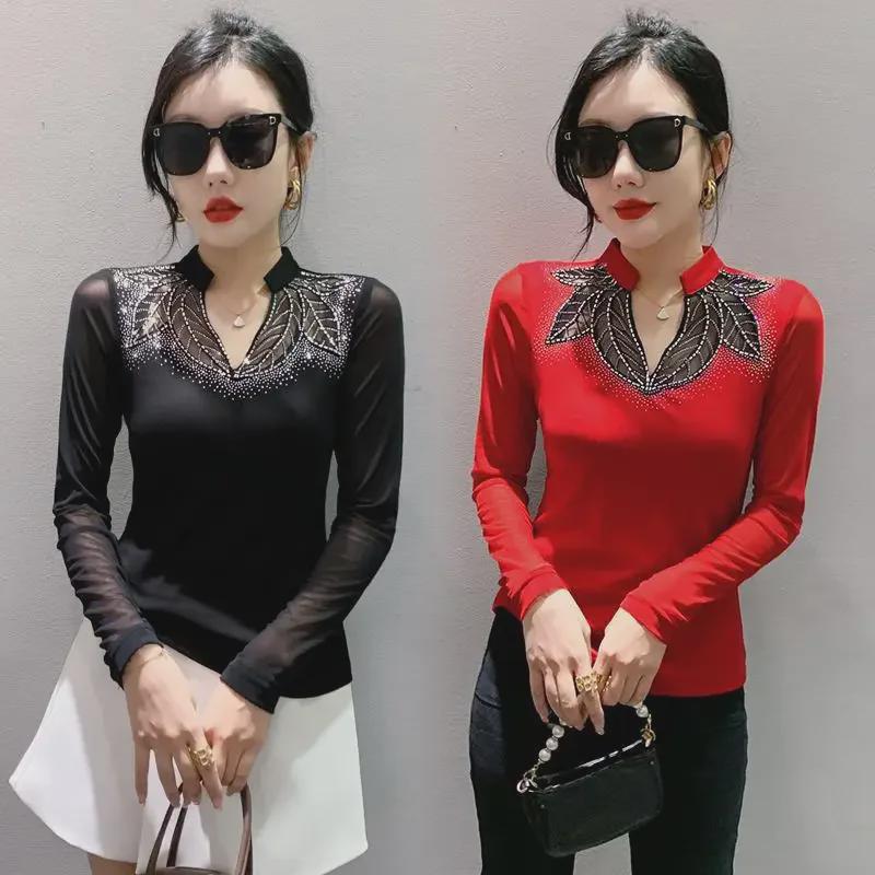 Bluză de toamnă 2023 de designer, slim fit, cu mâneci lungi, cu detalii hot diamond pentru femei