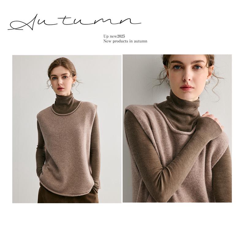 100% Pure Cashmere Rolled Hem Sleeveless Shawl Collar Women's Vest for Autumn/Winter