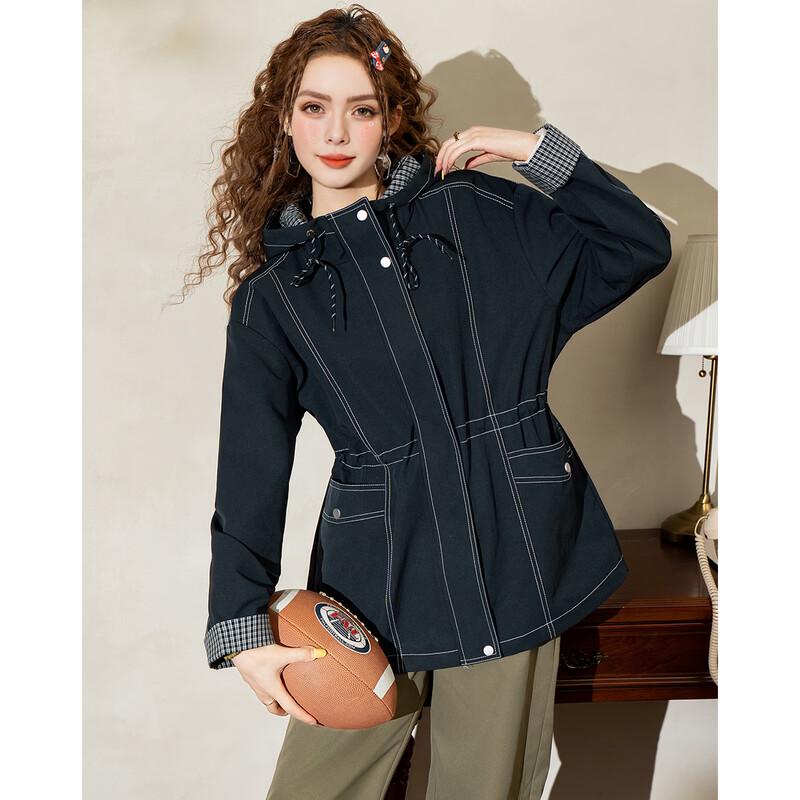 ET BOITE Women's Hooded Trench Coat with Color-Block Detail