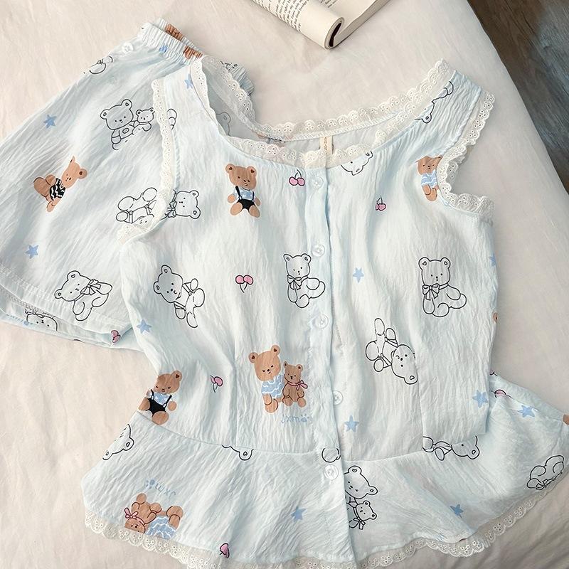 With Chest Pad Vest Shorts Pajamas Women's 1011 New Summer Cloud Cotton Sweet Cartoon Lace Loungewear Set
