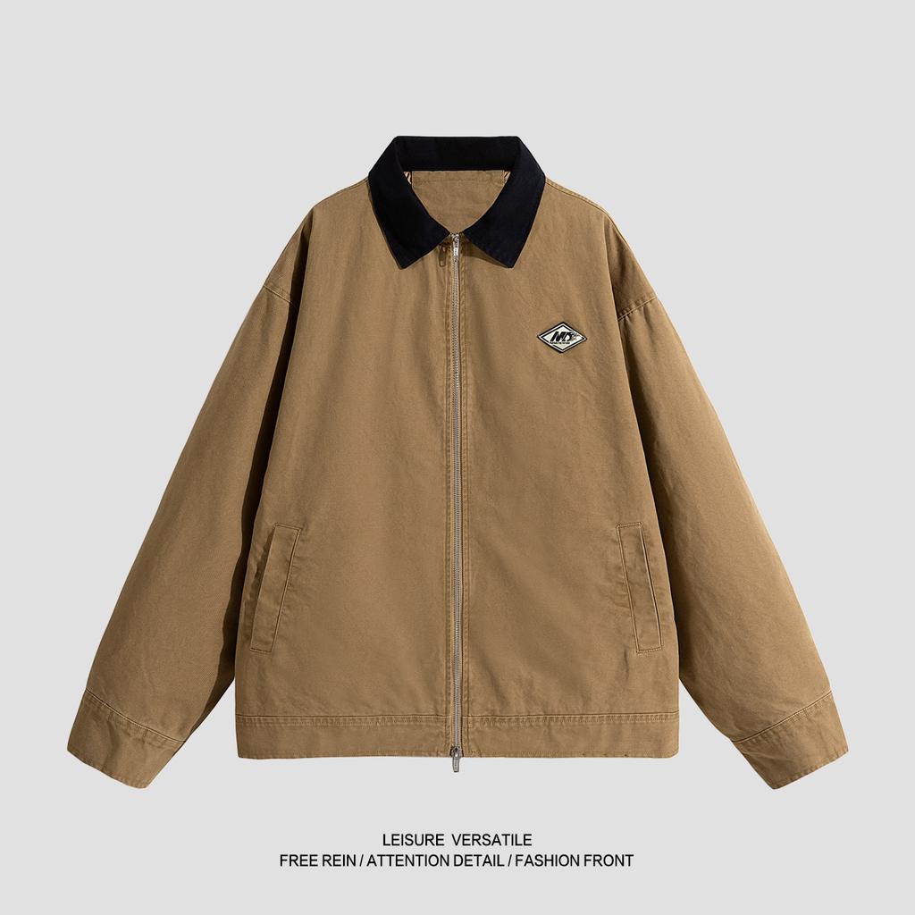 Minimalist Vintage Jacket Men's Spring and Fall Lapel Cotton Embroidery Workwear Washed and Done Old Jacket Loose Top Breathable Work Casual Jacket