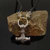 Nordic Viking Leather Necklace Crafted Hammer Celtic Wolf Head Necklace Men's Long Jewelry