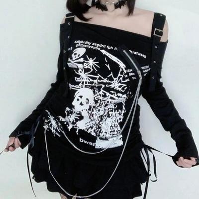 2KWEIRD Y2k Clothes Fashion Punk T-shirts for Women Sexy Slash Neck Long Sleeve Tshirts Tees Japanese Drawstring Tunic Woman T Shirt