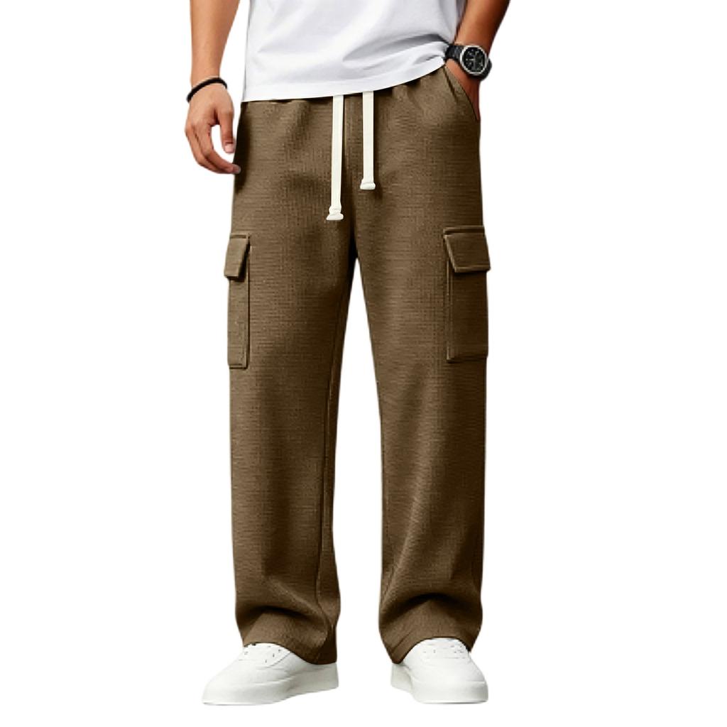 Men's Knit Cargo Pants Loose Fit Multi-Pocket Casual Pants with Drawstring Elastic Waist for Daily Wear