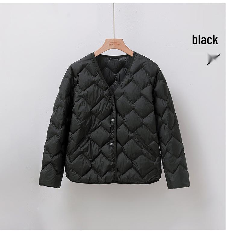 Damska lekka kurtka puchowa z dekoltem w serek 2025: Codzienna, Bez kołnierzyka, Krótka, Odzież wierzchnia Plus Size