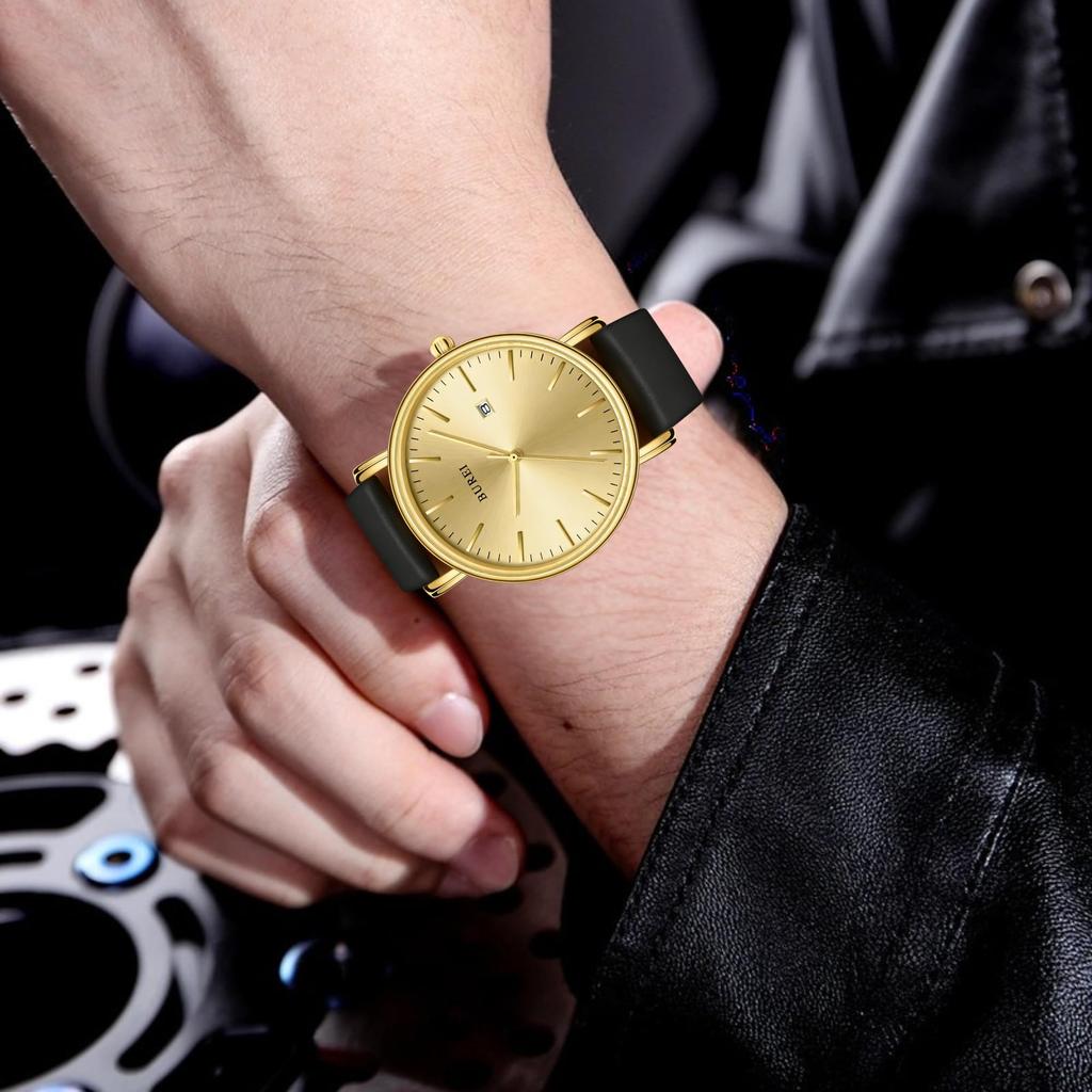 BUREI Men's Watch, Simple Analog, Waterproof, Quartz Movement, Date Display, Lightweight, Stylish, Business, Popular Brand, Black Silica Gel Strap