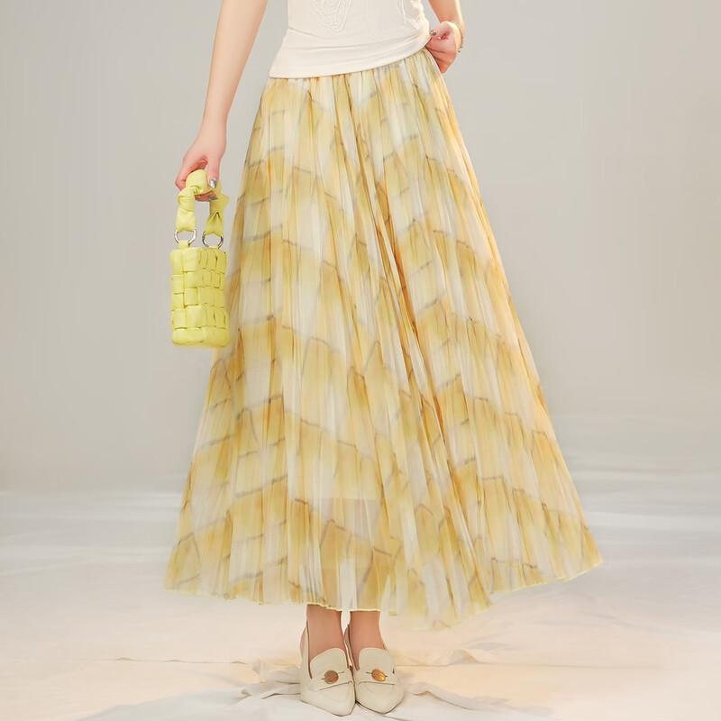 Bailuyu Women s Plaid A-line Pleated Maxi Skirt L