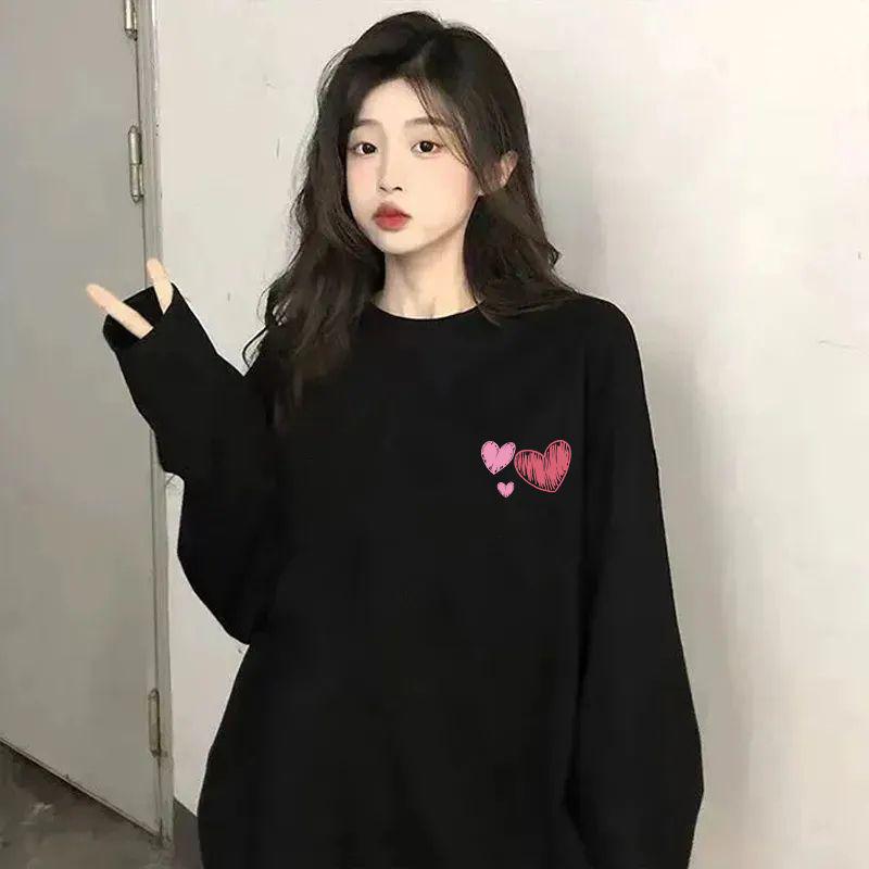 Women's Trendy Pure Cotton Long Sleeve Printed T-Shirt - New for Spring/Autumn 2025, Round Neck, Loose Fit Base Layer