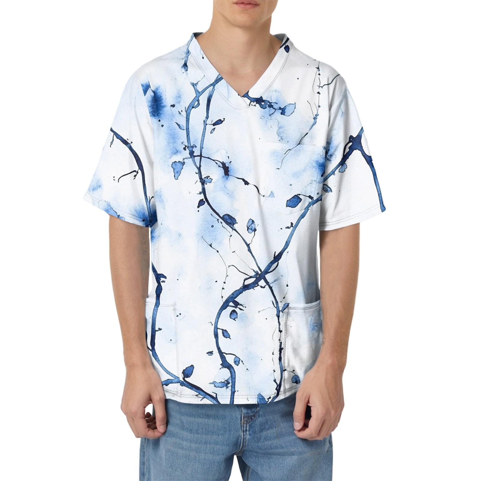 

Мужская рабочая блузка с короткими рукавами и v-образным вырезом с принтом, топ с нагрудным карманом XL белый