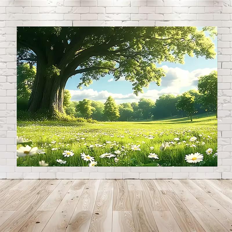 2D Nature Meadow Backdrop Cloth Green Oak Tree White Daisy Photography Background