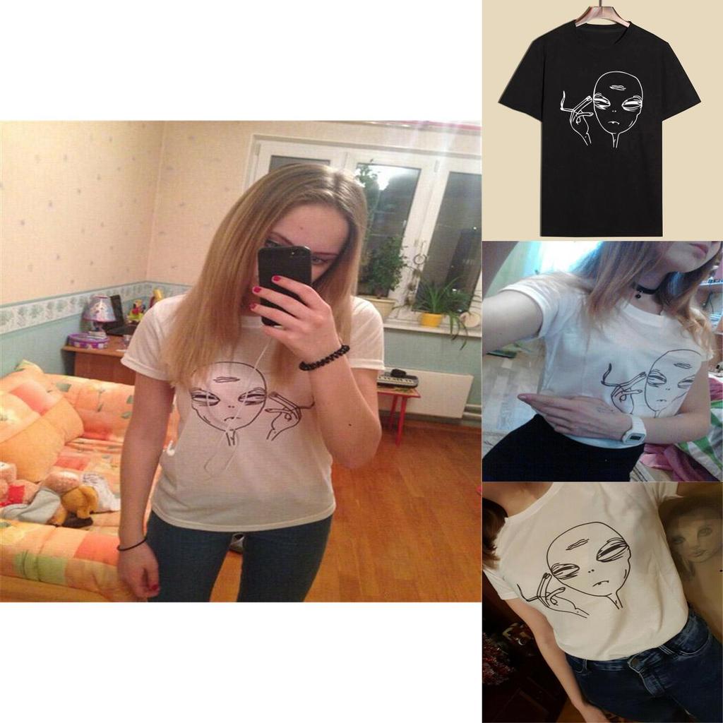 Premium Quality Alien Smoking T-shirt Funny Graphic Print Tees For Women