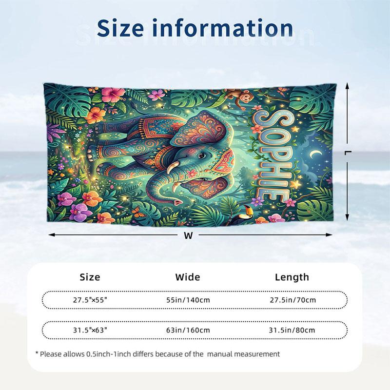 Elephant Theme Beach Towel Personalized Custom Name & Text Soft Quick Dry Beach Towel for Swimming Travel