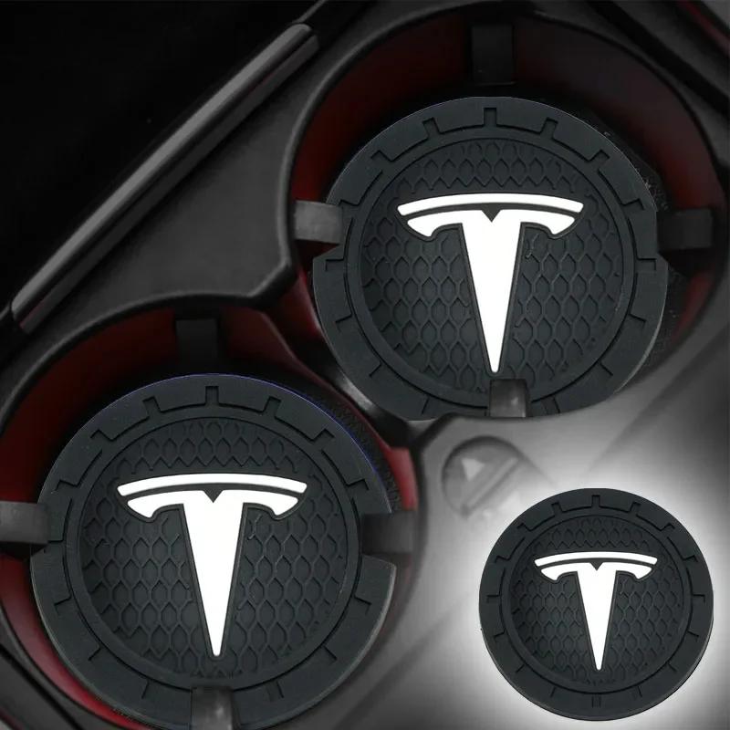 Car Sticker 2025 New Tesla 2pcs PVC Non-slip Car Water Cup Pad Holder Coaster for Tesla Logo Model 3 Model Y Model X SpaceX Auto