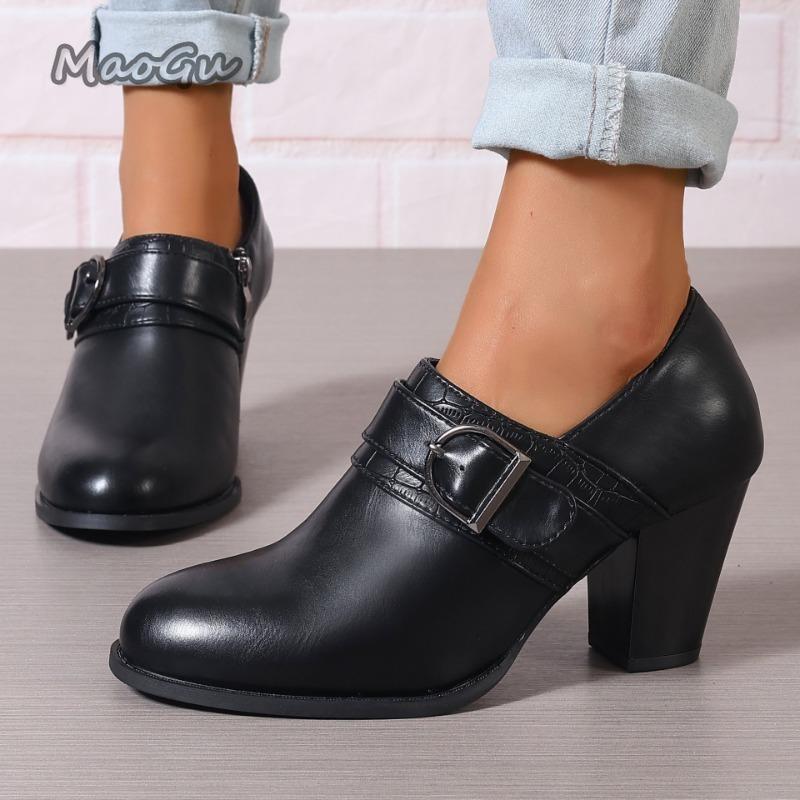 Módní Dámské Elegantní Lodičky Dámské Ležérní Robustní Vysoké Podpatky Kulatá Špička Společenské Boty pro Ženy Boty s Přezkou Zapatos De Mujer Velikost 43
