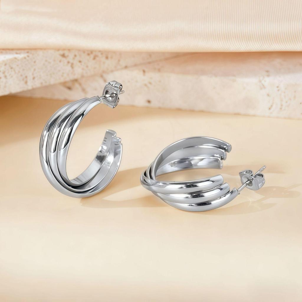 European & American Retro Geometric Hoop Earrings in Titanium Steel with 18K Texture - High-End Niche Design, Trendy Style for Women