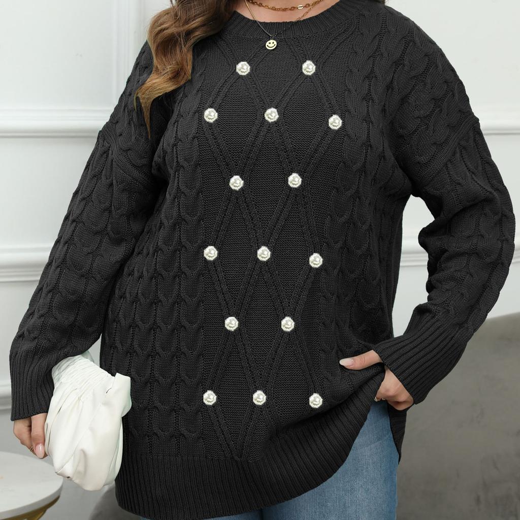 Women's Plus-Size Sweater Beaded Crew Neck Loose Oversized Sweater Knit Pullover Top Autumn/Winter