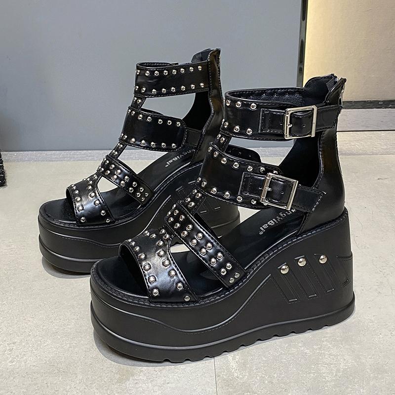 Fashion 10CM Gladiator Wedge Sandals Women's New Summer Fish Mouth Hollow Waterproof Rivet Platform Heightened Roman Sandals Punk Boots