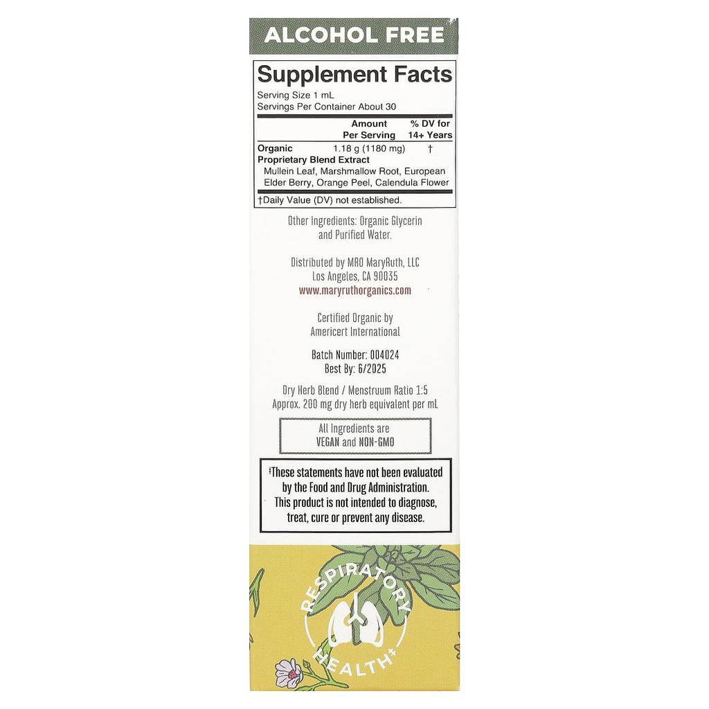 MaryRuth's, Organic Respiratory Health Liquid Extract, Alcohol-Free, 1,180 mg, 1 fl oz (30 ml)