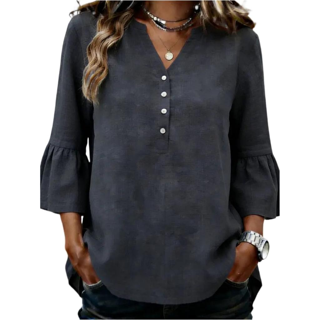 Women's Casual Solid Color Blouse Button Down V Neck 3/4 Sleeve Loose Fit Lightweight Top for Summer Work Office and Everyday Wear