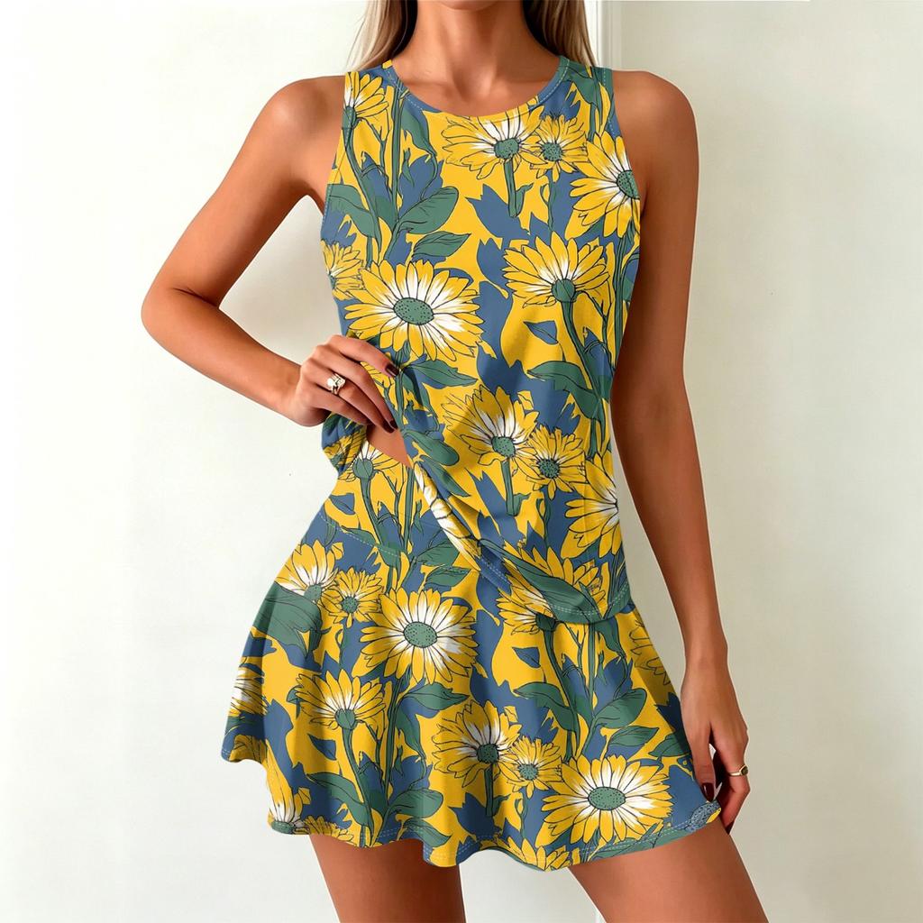 Casual Sleeveless A Line Dress for Women Tank Top Sunflower Print Skater Dress with Pockets XS To 4XL