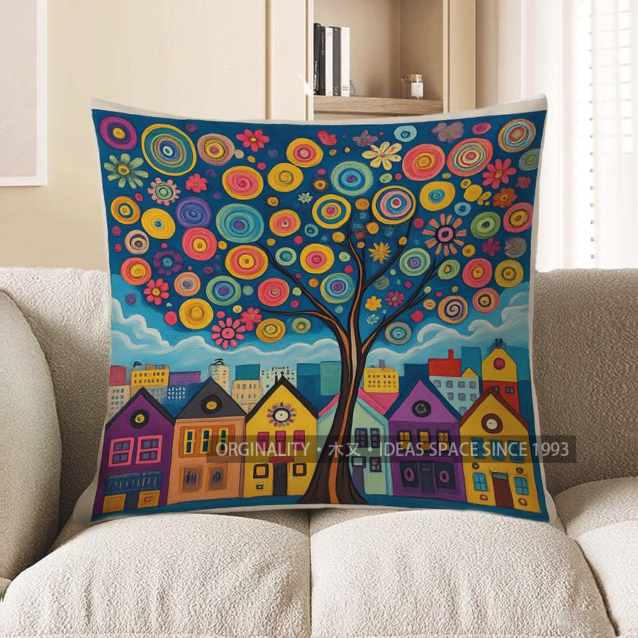 Home Decor Colorful Tree And Cityscape Patterned Pillow Pattern Cushion Cover Suitable For Sofa Bedroom Car Pillow Cover