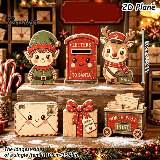 Decorative Christmas Scene Set 6Pcs Wooden Tabletop Signs, Xmas Sign Decor, Santa Winter Holiday Home Accents Snowman Reindeer Gingerbread House