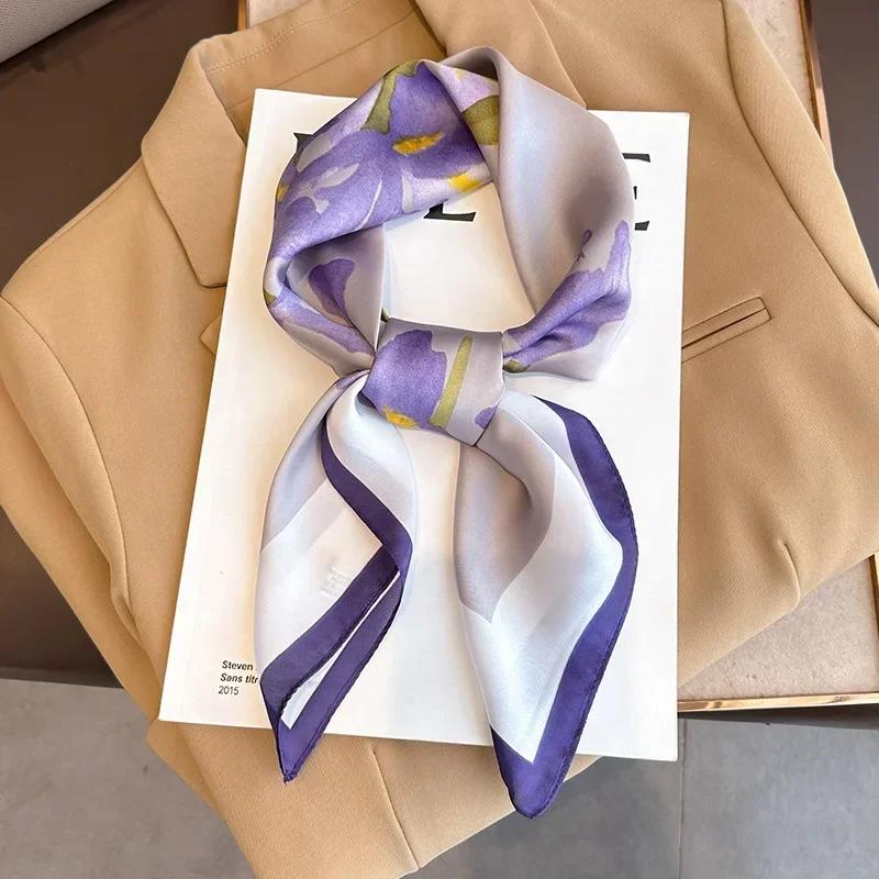 New Purple Luxury Floral Print Silk Square Scarf Women Soft Satin Hairband Hands Bag Ribbons Foulard Neckerchief Headband Hijab