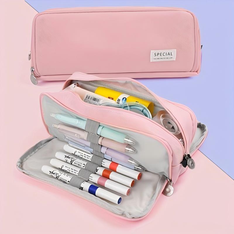 Pencil Case Large Capacity Storage Bag 3 Compartment Pouch Double Side Opened Student Stationery Box Desk Organizer Stain Resistant Stationery Bags