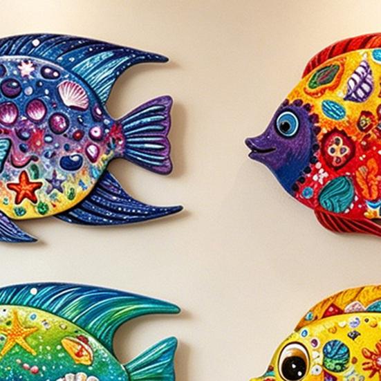 4 Stück Holzfisch Strand Wanddeko Tropenfisch Wandkunst Nautisches Meeresbewohner Küsten Hängende Skulptur für Badezimmer Wohnzimmer Küche