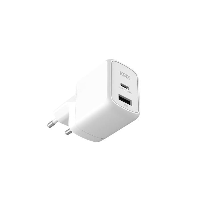 Chargeur secteur rapide 45W - KSIX smart your tech - Technologie GaN - Power Delivery 3.0 - PPS - USB-C + USB-A