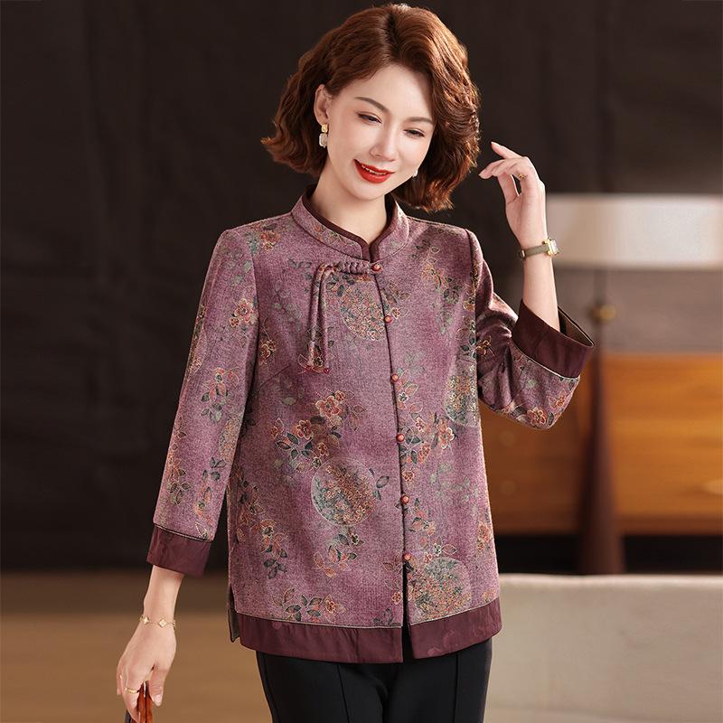 2026 Spring & Autumn Tang Suit Stand Collar Shirt for Middle-Aged & Elderly Women - Plus Size Chinese Style Mother's Wear