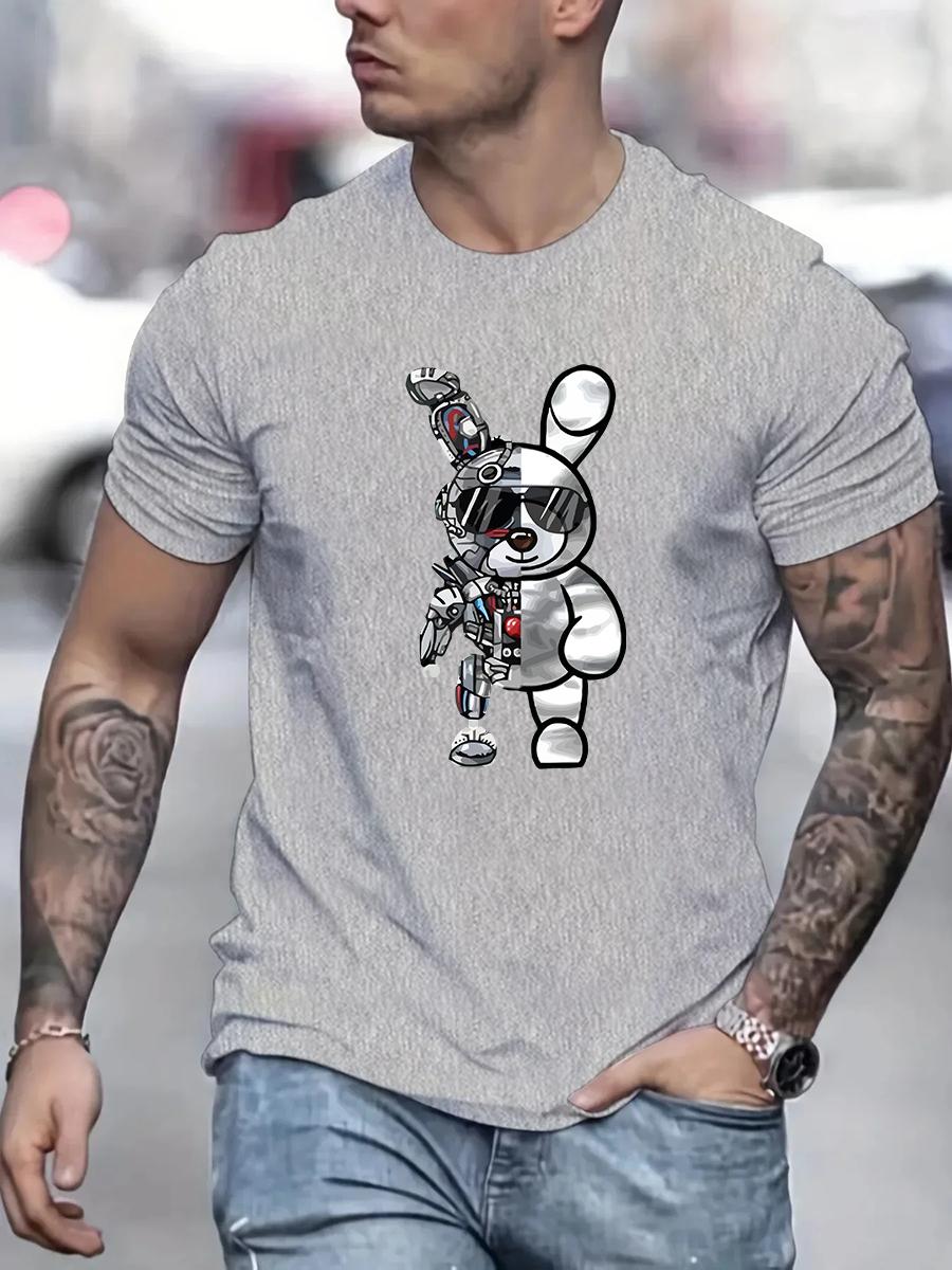 

Men s summer 100 cotton fashionable casual loose cartoon mechanical rabbit pattern printed round neck short sleeved T-shirt top M