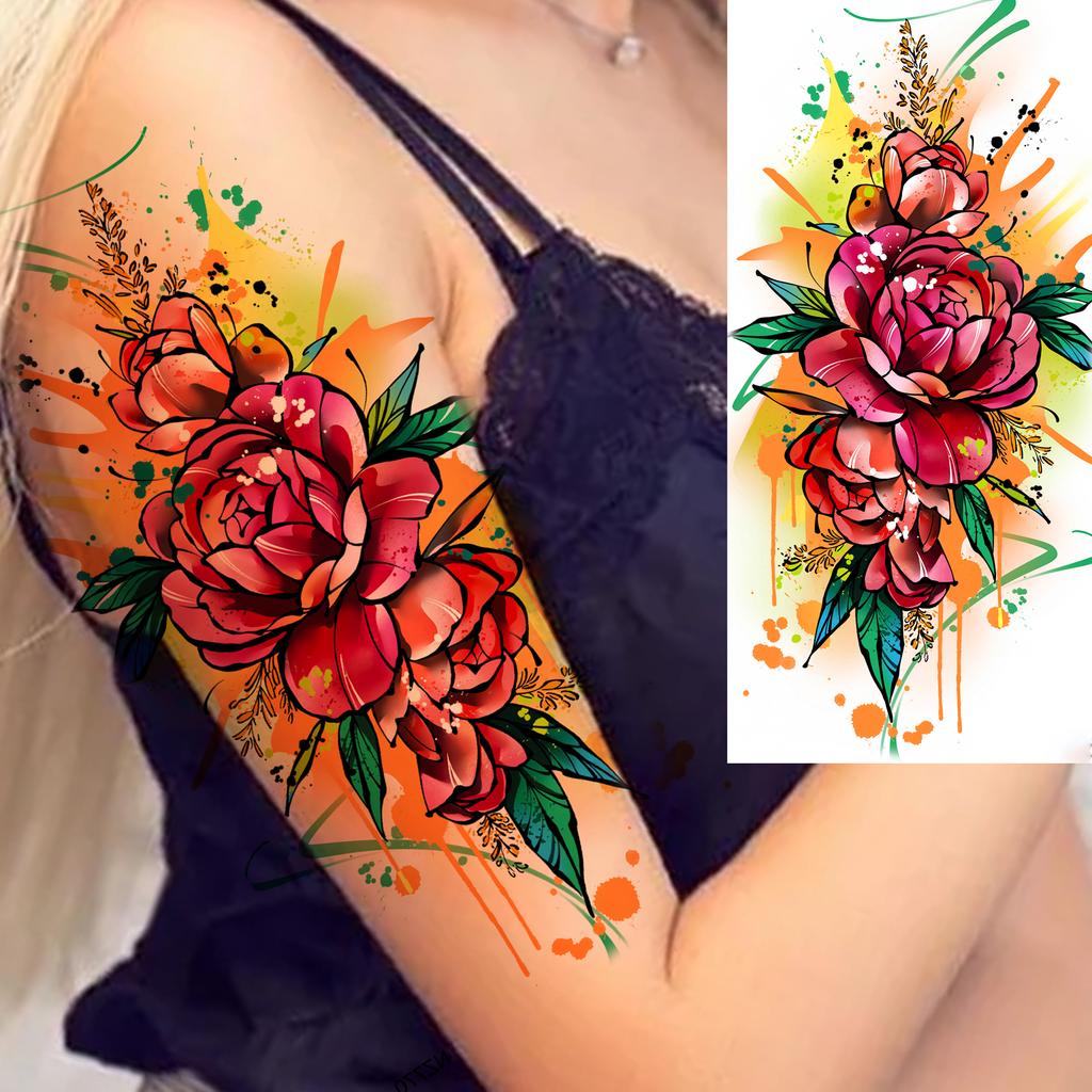 1 Sheet Butterfly Watercolor Flower Tiger Temporary Tattoos For Women Men Adults Fake Phoenix Parrot Lotus Tattoo Sticker Sleeve